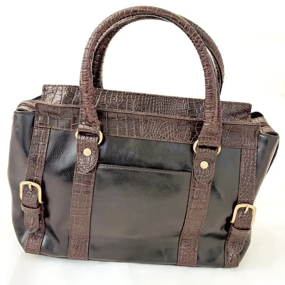 GAL Brown Faux Leather Doctor Purse Handbag Croc Embossed Bowling Bag Minimalist